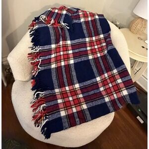 Vintage Faribo Tartan Plaid Throw Blanket 52x53 Blue Red Cozy Cabin USA Made